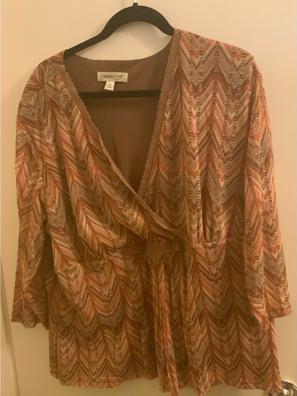 Coldwater Creek Plus Size Brown Multi Chevron Wrap Tunic with Tie Waist